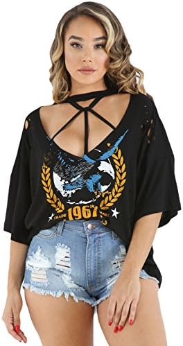 Women Grey Graphic Print Ripped Bat Hole Oversize Loose Fitting Half Sleeve T Shirt Top Blouse