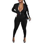 LAGSHIAN Women's Sexy Casual Long Sleeve V Neck Zipper One Piece Bodycon Jumpsuit
