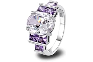 Lozeux Silver Plated Oval Cut Created Rainbow Topaz & Amethyst Cubic Zirconia Filled Thin Narrow Band Engagement Wedding Proposal Promise Rings for Women Ladies Girls Lovers Gift