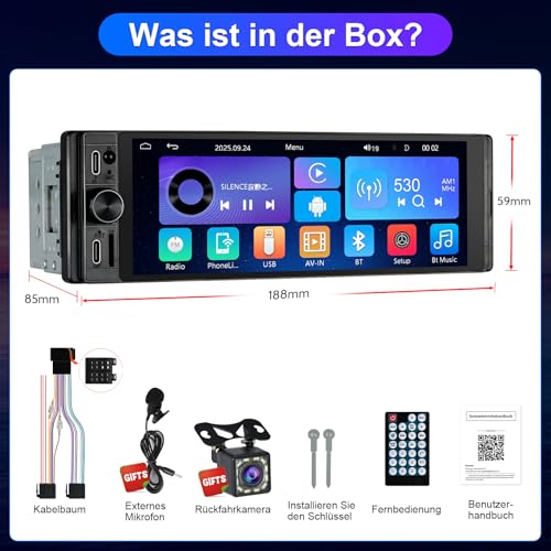 1 DIN Radio Compatible with Wireless CarPlay & Android Car, Car Radio 1Din with 6.28 Inch HD Screen, Navi, Bluetooth, AM/FM/RDS, TF, AUX, SWC