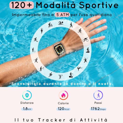 Women's Smartwatch, 1.85 Inches HD Watch 30+ Tage Autarkiezeit Telefonfunktion mit Herzfrequence/SpO2/Schlaf Monitor 120+ Sportmodi Schrittzähler Fitness Smart Watch for iOS Android, Roségold/1000mAh