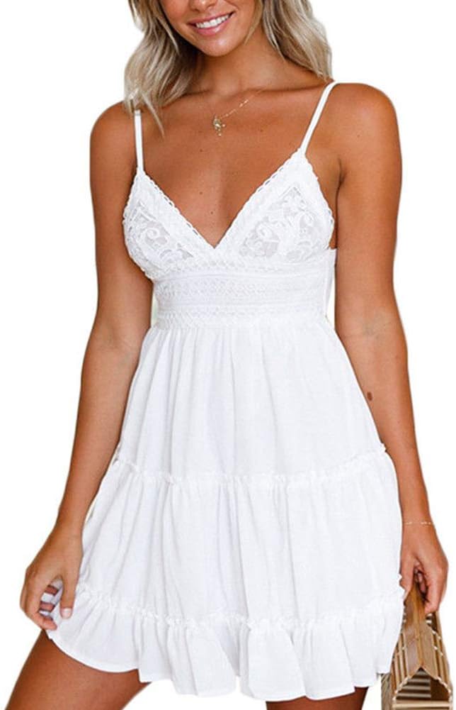 Women's Spaghetti Strap Bowknot Backless Lace Mini Skater Dress Deep V-Neck Backless Sleeveless Swing Beach Dress Bohemian Style Summer Short Dress