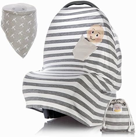 Baby Car Seat Canopy, Nursing &amp; Shopping Cart Cover, Stroller Blanket | Stretchy&amp; Lightweight Rayon Easy To Fold ; Carry | Front Pocket For Pacifier Storage &amp; Bonus baby bib by she loves