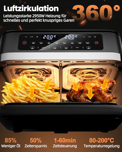 WELLENT 12L Dual Zone Airfryer XXL - 2950W Hot Air Fryer 2 Chambers (6+6L) - Hot Air Fryer Double Chamber with Viewing Window, Match & Sync Function, Shake Reminder, Dishwasher Safe