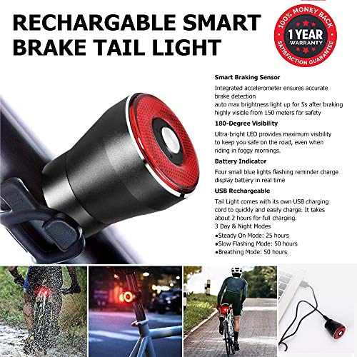 Bike Tail Light USB Rechargeable, Smart Brake Sensing Rear Lights Ultra Bright IPX6 Waterproof Bicycle Back Lights, Road Bike Accessories for Road Bike, Helmets, Cycling Safety - Thumbnail 2
