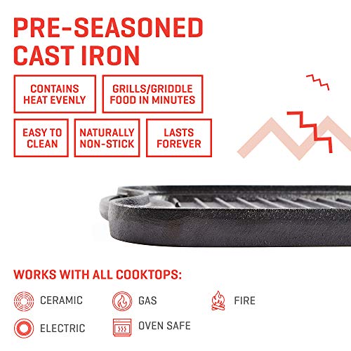 Uno Casa Cast Iron Griddle Grill Pan for Stove Top - 20x10 Inch Pre-Seasoned Camping Griddle with Chainmail Cleaner
