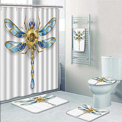 5 Piece Bathroom Rug Set/3 Piece Bath Rugs with Fabric Shower Curtain and Bath Towel,Close Up of Mechanical Dragfly with Multifaceted Eyes and Gears Body Bathroom Sets