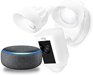 Ring Floodlight Camera Motion-Activated HD Security Cam Two-Way Talk and Siren Alarm - White with Echo Dot (3rd Gen) - Charc