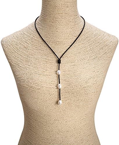 Yunhan Handmade 3 Rice Pearl Choker Necklace with Black Genuine Leather Cord Lariat Jewelry 18''