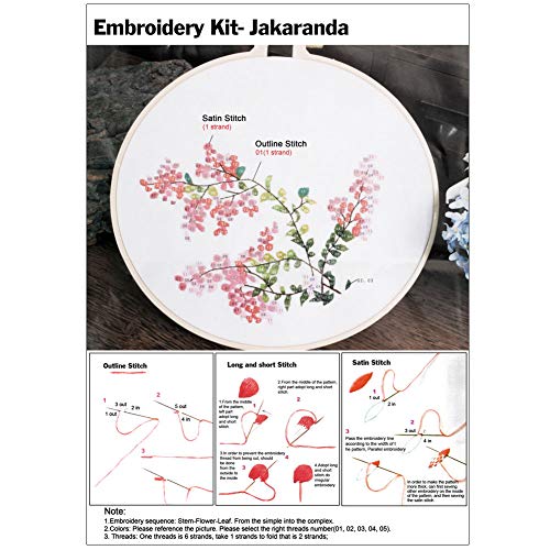 Embroidery Kit, Creative Flower Hand Embroidery Cross Stitch Starter Needlepoint Crafts Kit with Color Pattern Cloth, Embroidery Hoop, Color Threads and Tools Kit for Home Decor-Flower D - Thumbnail 3