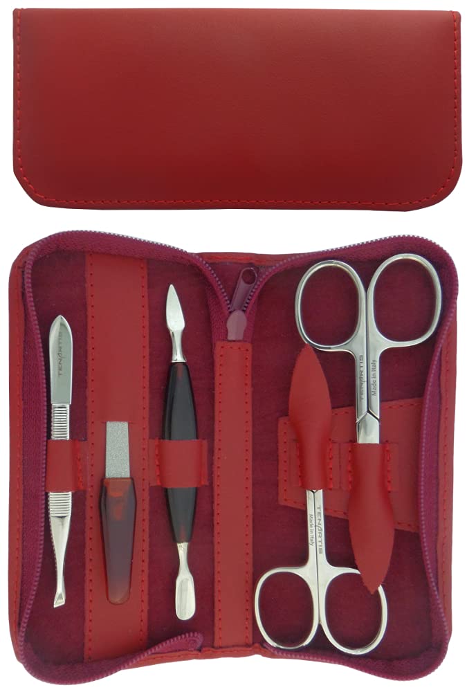 Tenartis 345 5-Piece Burgundy Nappa Genuine Leather Manicure Set with Zipper - Made in Italy