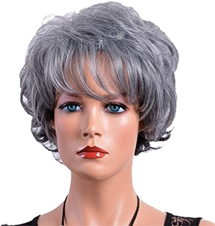 COPLY Women's Short Curly Gray/Grey Wig With Bangs Synthetic Heat Resistant Hair Wig African American Wig Gift for Mom or Grandama