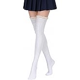 Larrel Lace Knee High Socks for Boots, White Leg Warmers with Lace Trim Cute White Thigh High Socks for Women Girls Daily Use Cosplay Boots Casual Chic
