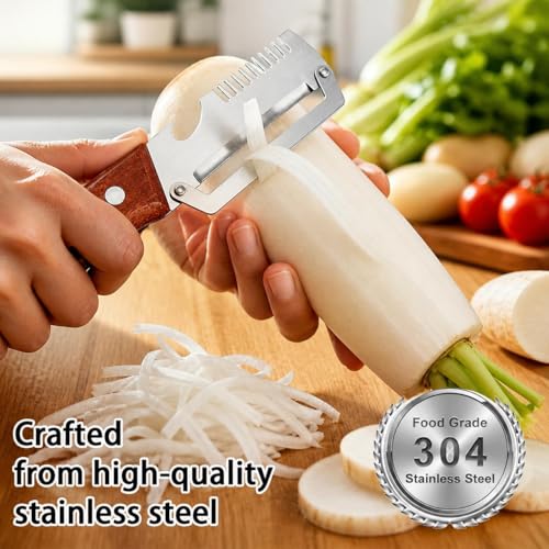 2 Pieces Multifunctional Vegetable Peeler for Kitchen, 3-in-1 Peeler with Wooden Handle, Stainless Steel Blade and Bottle Opener, Zero Flex Kitchen Utensil for Fruit and Vegetables