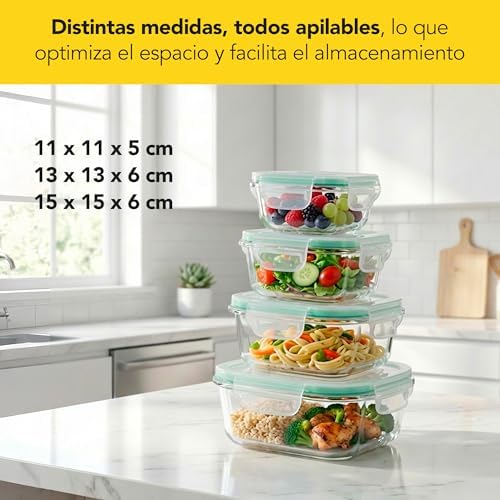 - Recipiente hermético, 800 ML, vidro borosilicato. Livre de BPA. Adequado para congelador, forno, micro-ondas e máquina de lavar loiça.