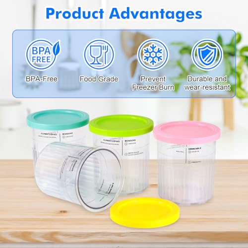 Hejo 4 Pieces Containers for Ninja Creami Deluxe Pints, 680ml Ice Container for NC500 NC501 Series, Ice Cream Container with Lid for Ninja Ice Cream Maker, Accessories for NinjaCreami Ice Cream
