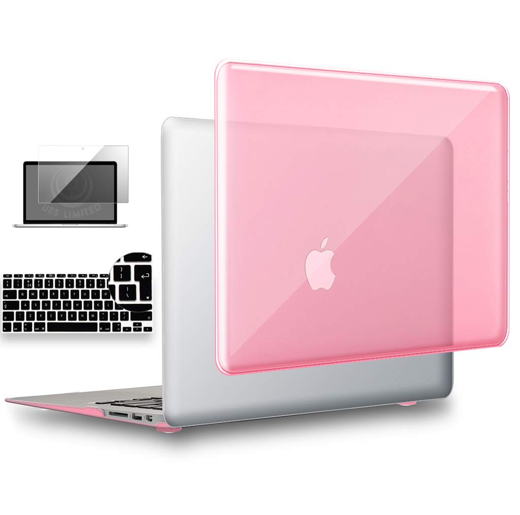 UESWILL 3in1 Glossy Crystal Clear See Through Hard Shell Case Cover Compatible with MacBook Air 11 inch (Model: A1370/A1465) + EU/UK Version Keyboard Cover and Screen Protector, Pink