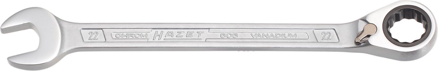 HAZET 606-22 291.5 mm 12-Point Traction Profile Ratcheting Combination Wrench - Chrome-Plated, 22 mm