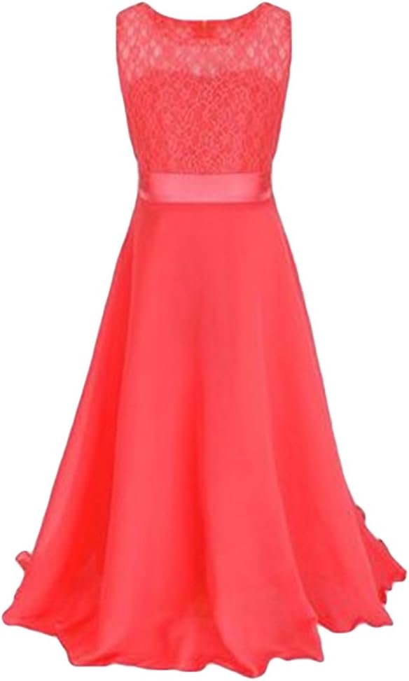 WanYang Girl's Flower Sleeveless Dresses Summer Net Yarn Lace Children Baby Long Dress Princess Skirt Tail Girl Wedding Dress