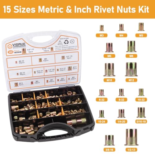 VIGRUE 16'' Rivet Nut Tool Nusterts Hand Tool Kits with 15PCS Metric & Inch Mandrels and 300PCS Metric & SAE Rivet Nuts Assortment M3 to M12, 6-32 to 1/2-13 and Rugged Carrying Case