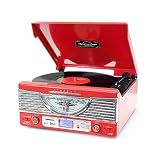 Pyle PTR8UR Retro Turntable with Vinyl-to-MP3 Encoding, USB & SD Memory Card Readers, AM/FM Radio, Aux (3.5mm) Input, MP3 Digital Audio File Playback (Red)