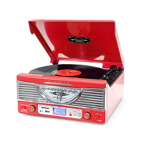 Pyle Vintage Turntable – Retro Vinyl Stereo System With Bluetooth, USB Reader, SD Card Slot and 3-Inch Speakers – Audio Files to MP3 with Remote and LCD Display (PTR8UR)