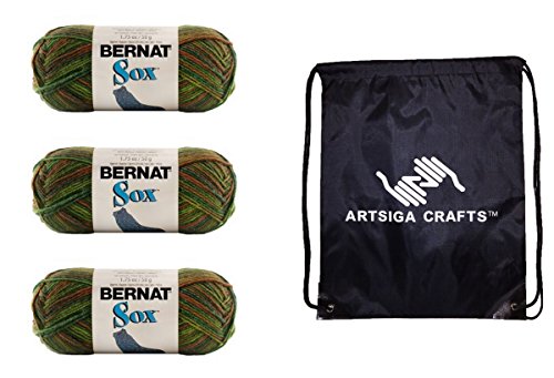 Bernat Sox Yarn (3-Pack) Woodsman 166050-50001 with 1 Artsiga Crafts Project Bag