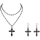 ANGLEQUEEN Halloween Black Accessories for Women Goth Cross Black Moon Star Bat Layered Pendant Necklace Punk Dangle Drop Earring Halloween Witch Jewelry Set Emo Accessories