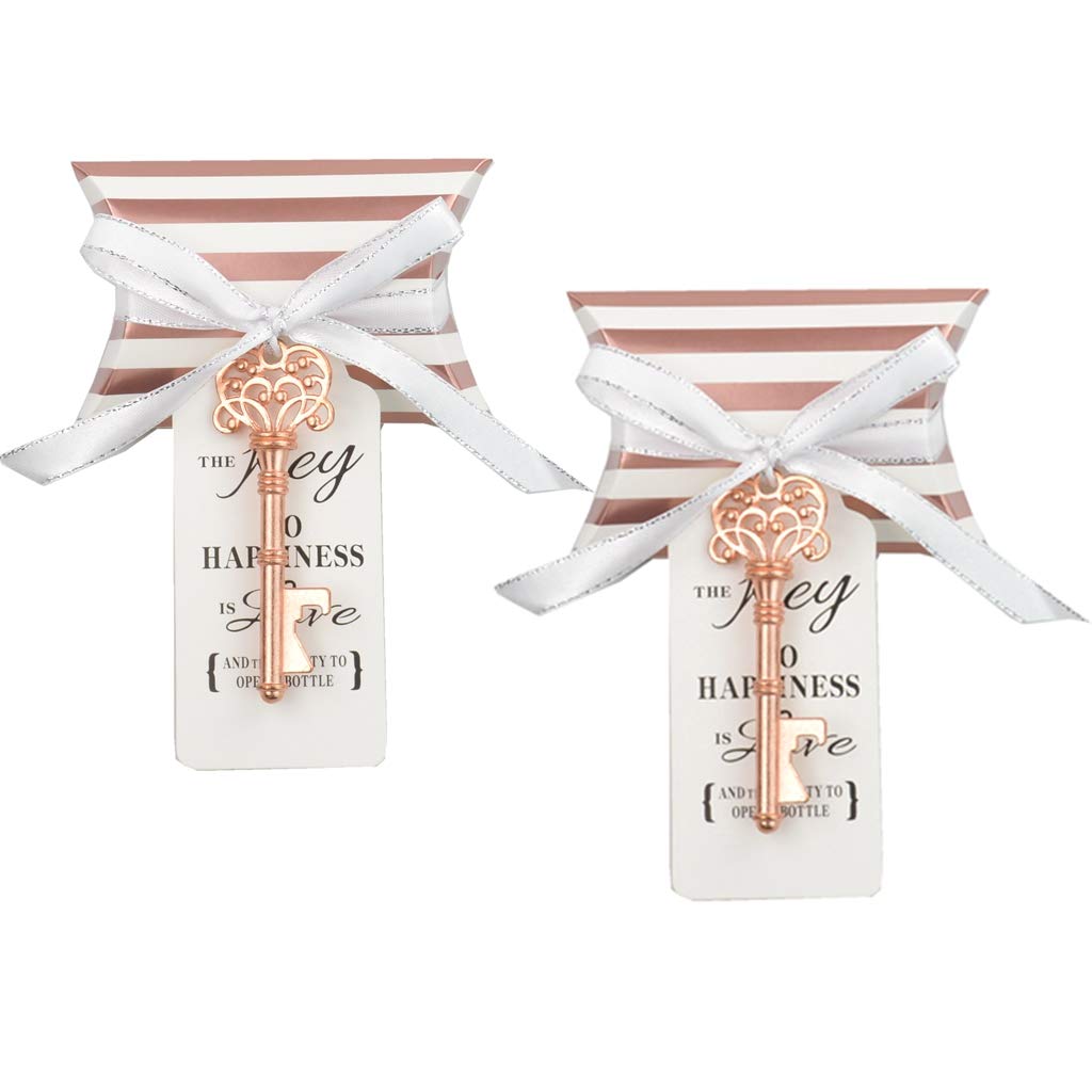 DerBlue 60 PCS Key Bottle Openers Wedding Favors Rustic Decoration with Love Escort Tag Card Pillow Candy Box and Satin Ribbon(with ROSE Gold Stripe)