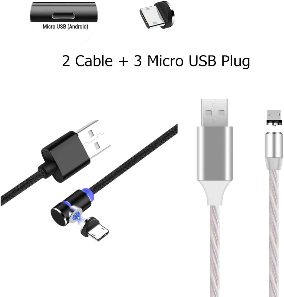 2 Pack Micro USB Magnetic Charging Cable, 1m Luminous USB Cable & 2m 90 Degree L Shape USB Cable & 3 Micro USB Head, Compatible with Samsung/Huawei/Sony/Kindle/Nokia and More Micro USB Devices