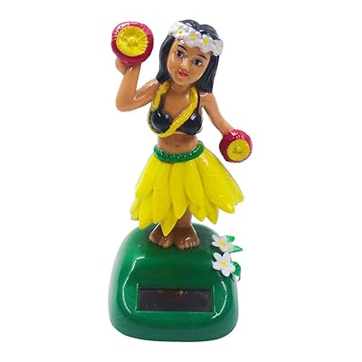 Amosfun Solar Powered Hawaiian Hula Girl Bobble Shaking Head Doll Dancing Figure Toy Car Dashboard Hula Dancer Figurine Decoration Ornament Yellow