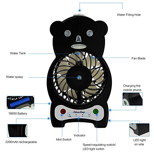 Ideashop Handheld Misting Fan Mini USB Fan Mini Desk Fan with Personal Cooling Mist Humidifier Rechargeable Battery 3 Speeds, 1 Led Light Portable Fan Outdoor Fan (Black)