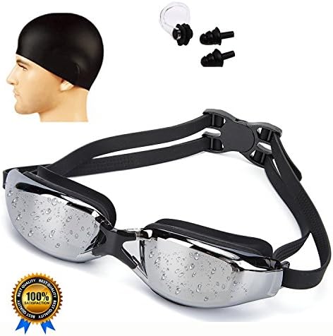 Best Quality Swim Goggles by NEVATA, Swimming Goggles + Swim Cap + Nose Clip + Ear Plugs,Swim Goggles Anti Fog UV Protection for Adult Men Women Youth Kids Child Black