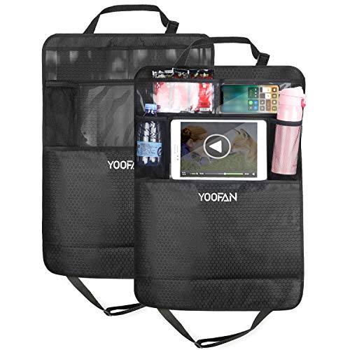 Back Seat Kick Mat for Kids, 2 Pack Back seat Car Organizer, Auto Kick Mats Backseat Protector with Storage Pockets - Clear Touch Screen 10" Ipad Holder, Waterproof Car Seat Back Bag for Kids (Black)