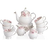 Sweejar 21 Pieces Porcelain Tea Set, Vintage Floral Gold Trimmed Teapot Cup and Saucer Set, Tea Cup for Loose Tea, Sugar Bowl and Creamer Pitcher with Spoons, Service for 6(Retro Flower)