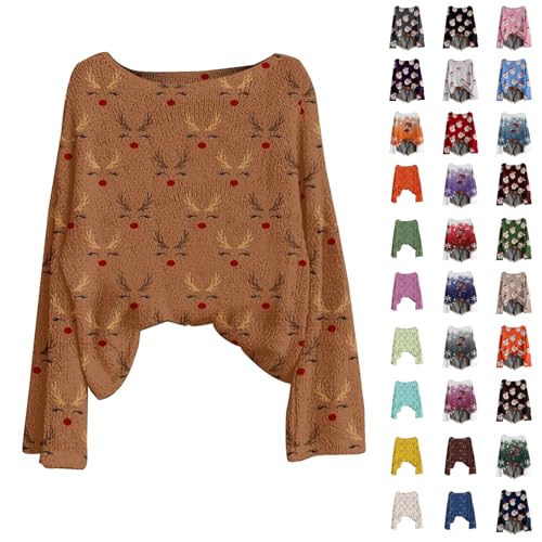 HOOUDO Christmas Clothes Ladies Sweaters Tshirts Funny Jumper Ugly Sweater Long Sleeve Pullover Jumper Outwear Shirt Plus Size Tops Blouse Brown Sweatshirt Women