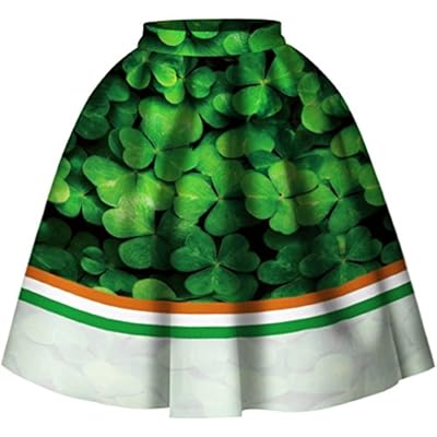 Women 3D Printed Green Shamrock Skirts High Waist Flared Pleated Skirt