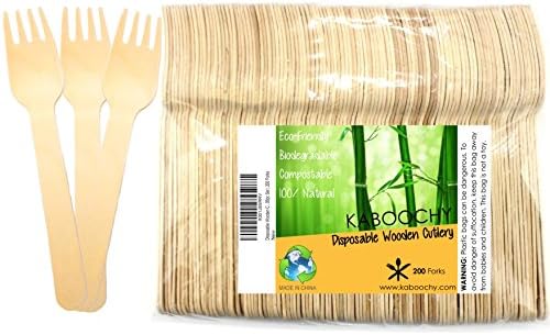 Disposable Wooden Cutlery 200pc Set | 200 Forks, 6.25 inch length. 100% Natural, Eco-Friendly, Compostable, Biodegradable, Premium Utensils for Birthday Cakes & Parties by KABOOCHY