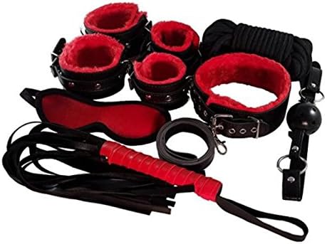 Sweeties Premium PU Leather Women Costume Kit - Whip, Collar, Blindfold, Cuffs (Black &amp; Red)