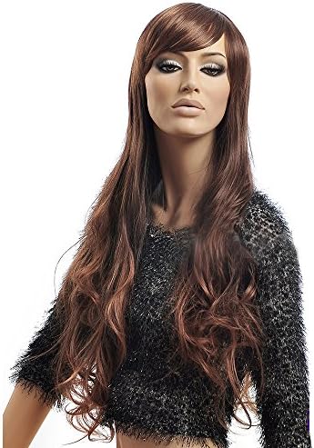 Troadzwig Fashion Brown Very Long Curled Hair Natural Oblique Bangs Full Wigs for Women Kanekalon Fiber Synthetic