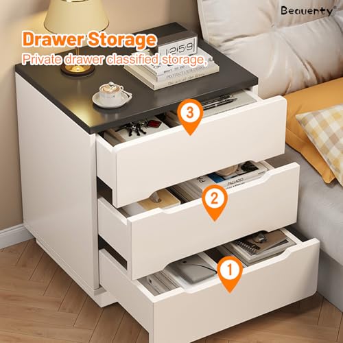 Beauenty Modern Nightstand, Bedside Table with 3 Drawers, Storage Side Tables, Space Saving End Table Cabinet for Bedroom, Office, Hotel, 40x40x56cm (3 Drawers-Black & White)