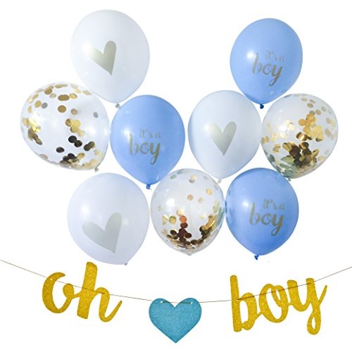 Baby Shower Decorations Oh Baby | Baby Sprinkle Decorations | Party Supplies Gold (Neutral), Blue or Pink | Banner & Confetti Glitter Balloons w/Ribbon Kit 13 PC Set (Blue Oh Boy)