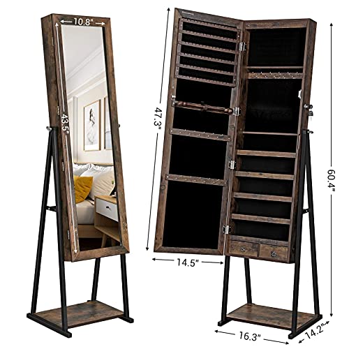 SONGMICS Industrial Mirror Jewelry Armoire,6 LEDs Mirrored Jewelry Storage, Wood Look