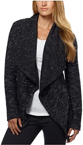 BNCI by Blanc Noir Women's Tweed Drape Front Shawl Collar Cardigan Sweater Black Mix