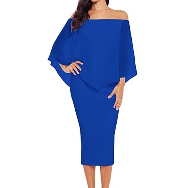 Ancapelion Damen Schulterfrei Midi Kleid mit Chiffon Schal Cocktailkleid Elegant Pencil Partykleid Lässige Kleidung Abendklei