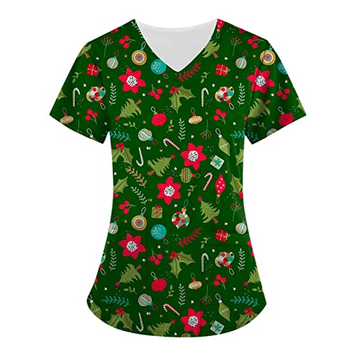 Shusuen Women Christmas Print Short Sleeve V Neck Tunic Tops Scrub