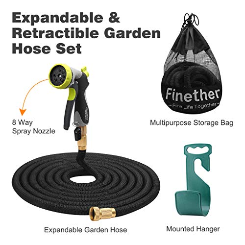 Finether Expandable Garden Hose, Retractible Watering Hose, Hose Pipe with Double Latex Core, High Density Woven Fabric, 3/4 in Brass Fittings, 8 Way Spray Nozzle, Hanger, Storage Bag, Black 50ft - Thumbnail 4