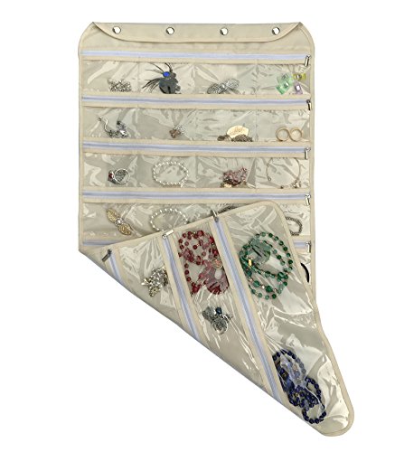 BB Brotrade Hanging Jewelry Organizer with Oxford Dual Side 56 Zippered Storage Pocket(Beige)