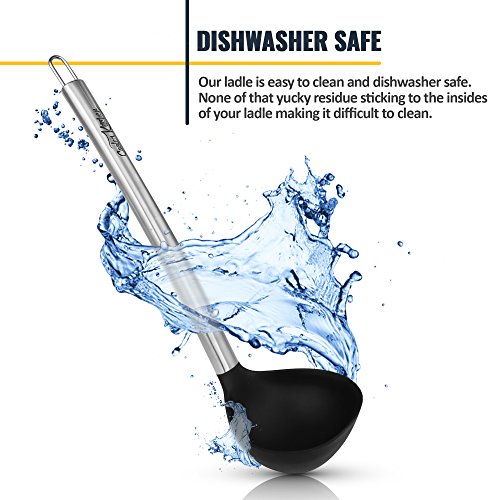 Silicone & Stainless Steel Black 4 Ounce Soup Ladle w/CoolGrip Handle & Flexedge Silicone by Cooler Kitchen (4 Oz)