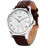 Mens Unique Roman Numeral Fashion Design Quartz Analog Waterproof Wrist Business Casual Watch with Stainless Steel Case, 98ft 30M 3ATM Water Resistant, Comfortable PU Leather Band - Brown